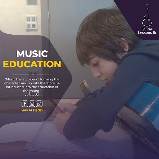 A student writing music with a guitar beside him, on a graphic titled Music education with a quote from Aristotle