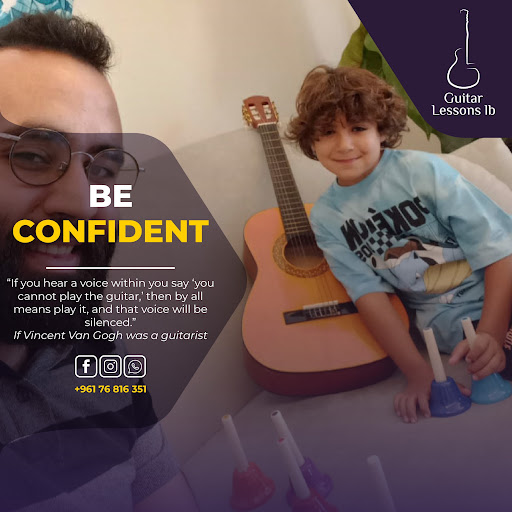 Elias and a young boy with a small guitar, on a graphic titled Be confident